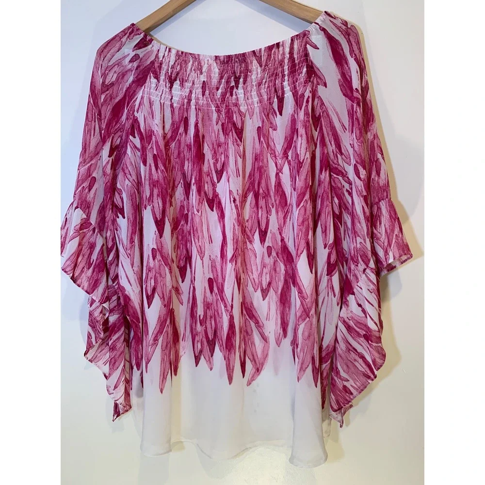 Pink Watercolor Chiffon sheer Blouse L Boho Flutter Sleeve fairy romantic Womens - Picture 4 of 9